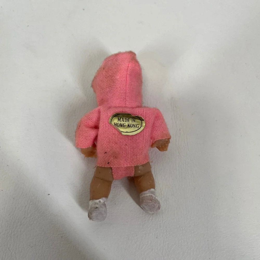 Vintage Miniature Baby Doll in Plastic Walnut Shell Case Made in Hong Kong Pink